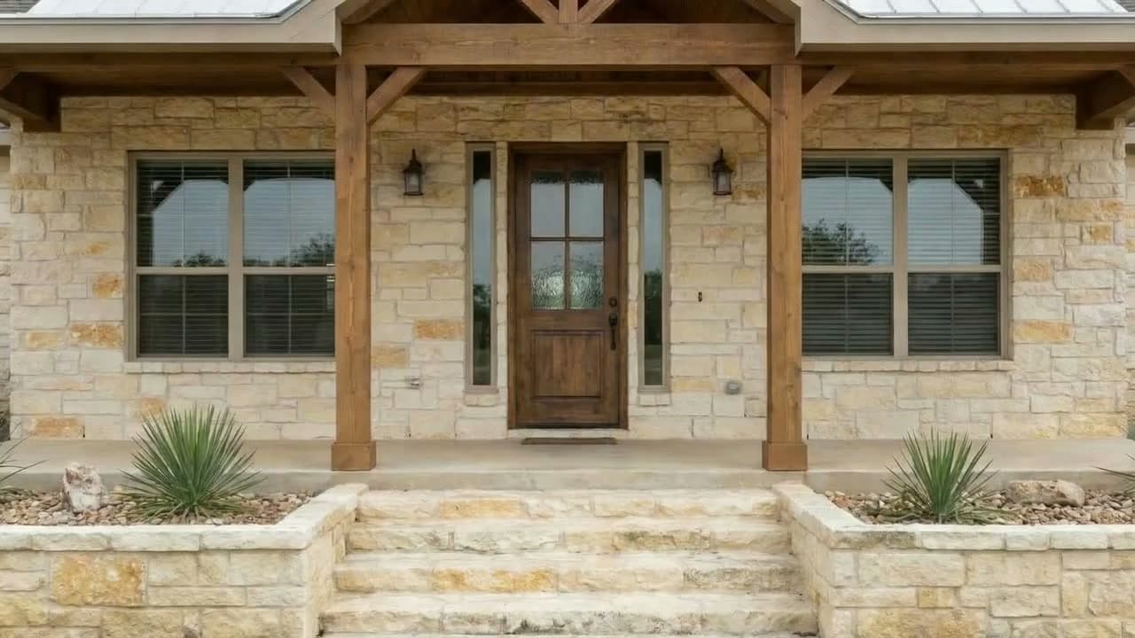 Limestone Texas hill-country home, wood front door at center